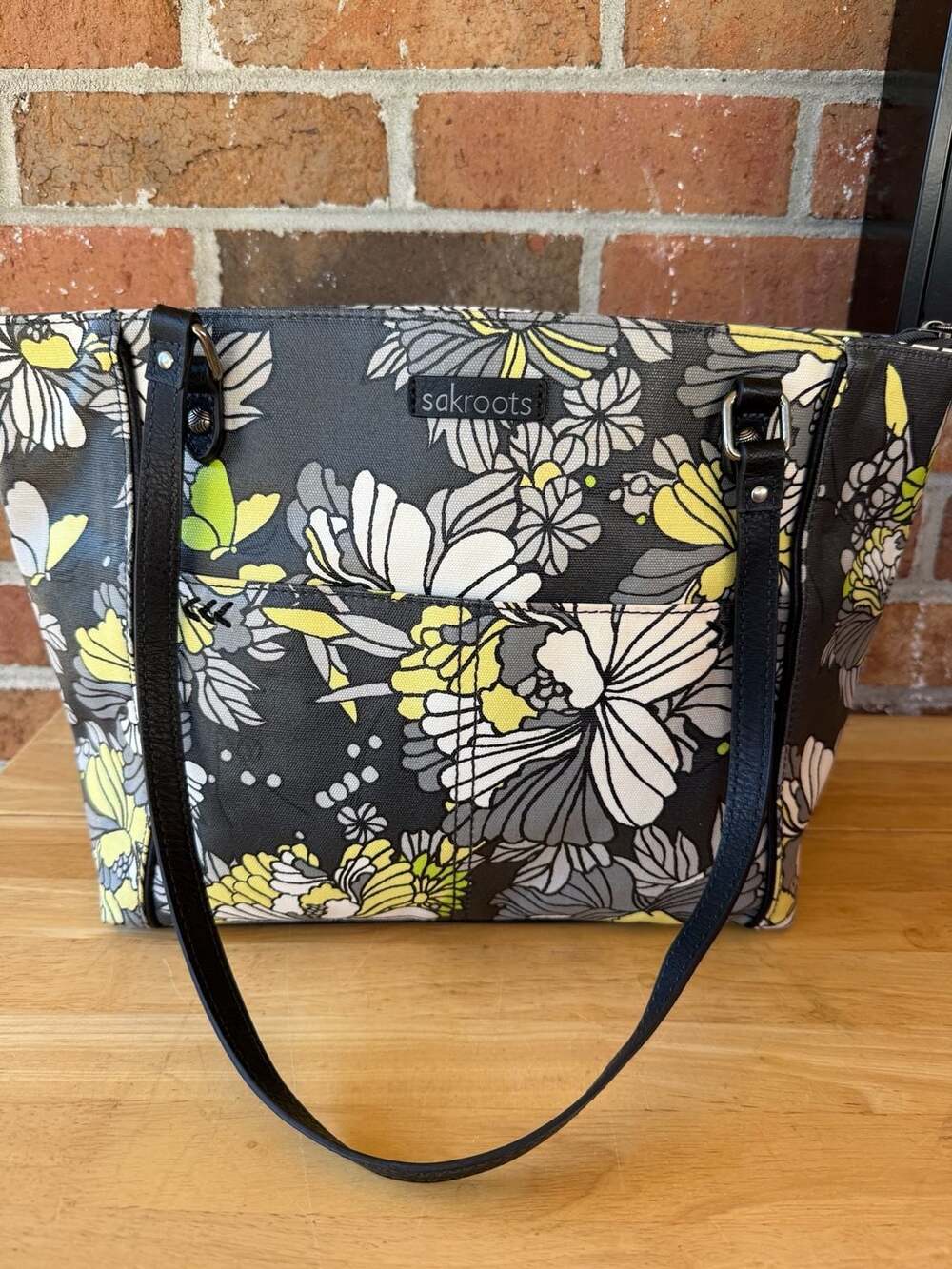 Sakroots Metro Tote Gray Yellow Flower Blossom Purse